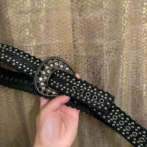 Hyde Collection Black Leather Silver Studded Western Rhinestone Belt XL